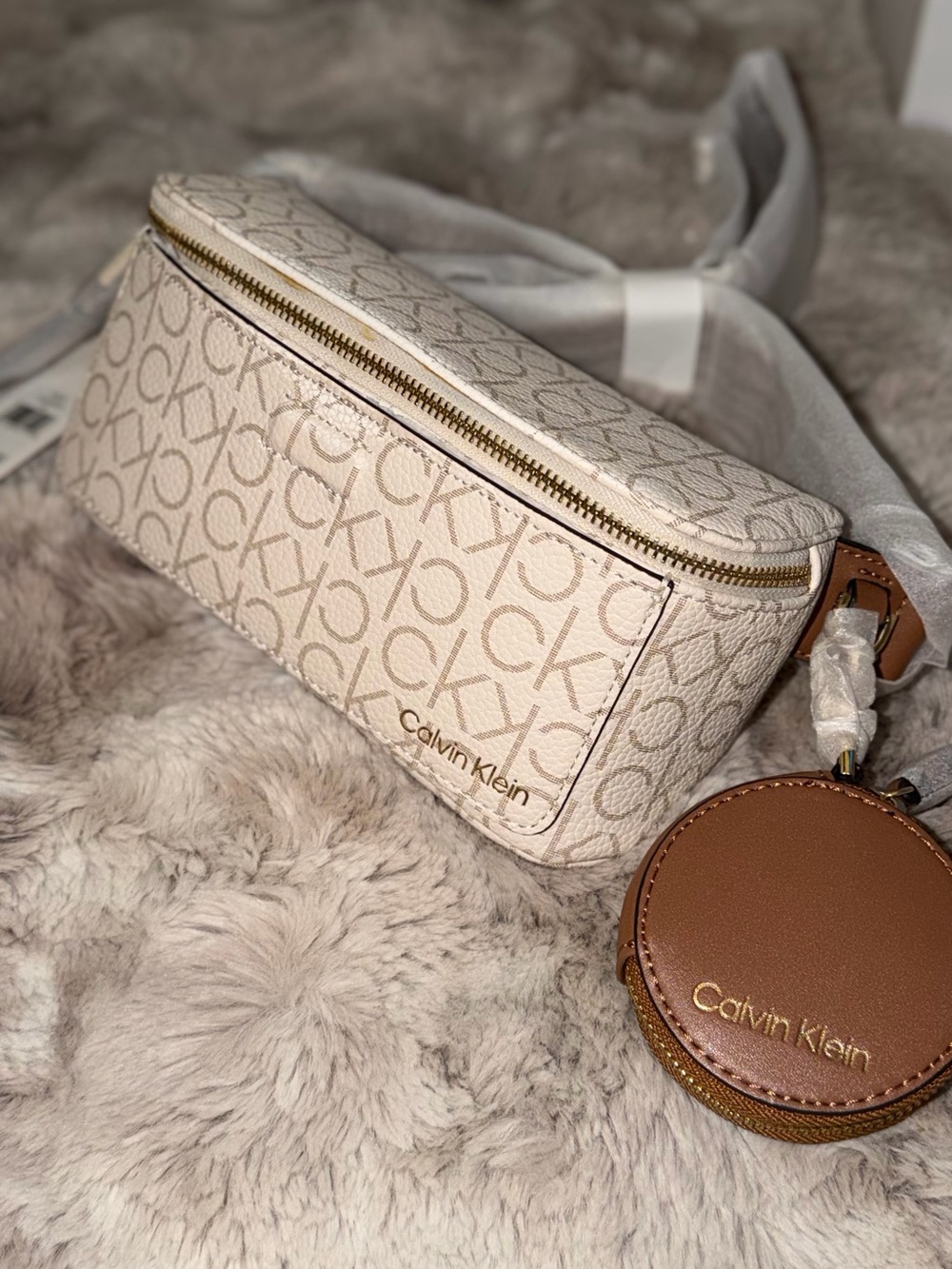 Calvin Klein Cream Monogram Crossbody with Tan Coin Pouch